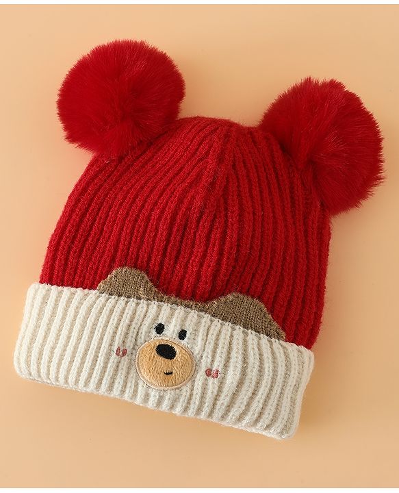 Babyhug Woollen Pom Pom Cap With Puppy Design Red - Diameter 11 cm