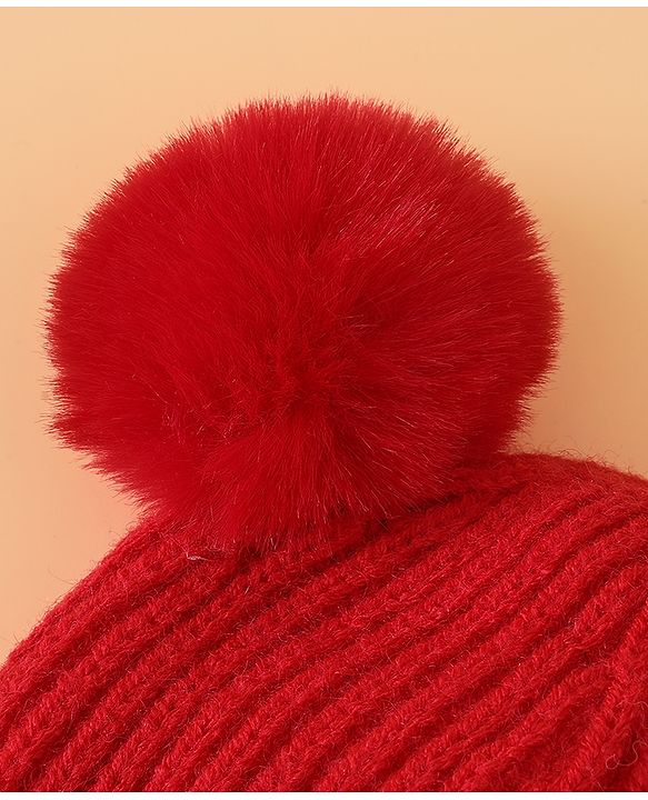 Babyhug Woollen Pom Pom Cap With Puppy Design Red - Diameter 11 cm