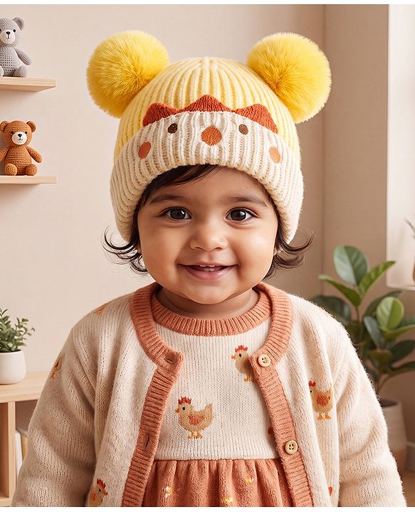 Babyhug Woollen Pom Pom Cap With Puppy Design Red - Diameter 11 cm
