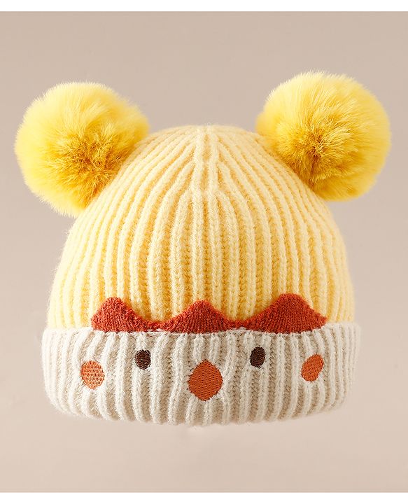 Babyhug Woollen Pom Pom Cap With Puppy Design Red - Diameter 11 cm