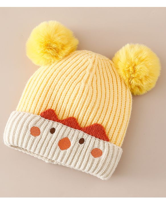 Babyhug Woollen Pom Pom Cap With Puppy Design Red - Diameter 11 cm
