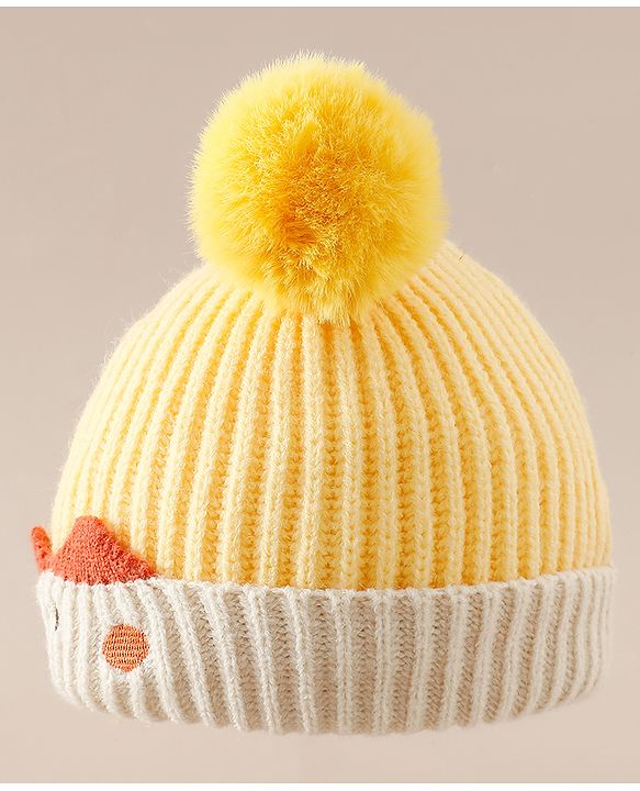 Babyhug Woollen Pom Pom Cap With Puppy Design Red - Diameter 11 cm