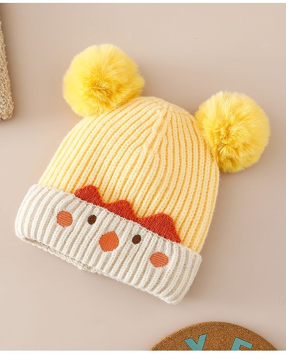 Babyhug Woollen Pom Pom Cap With Puppy Design Red - Diameter 11 cm