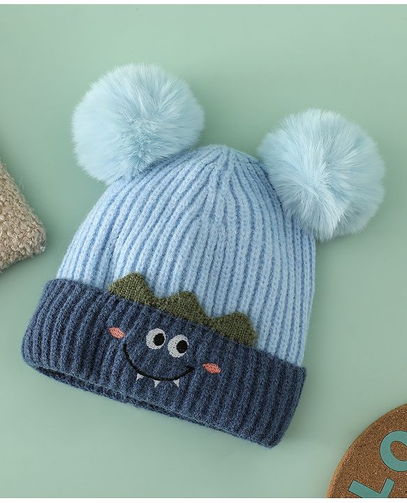 Babyhug Woollen Pom Pom Cap With Puppy Design Red - Diameter 11 cm