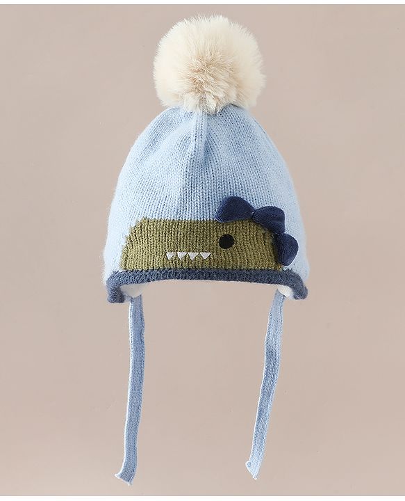 Babyhug Woollen Cap with Pom Pom & Knot with Crocodile Design & Applique Light Blue - Diameter 21 cm