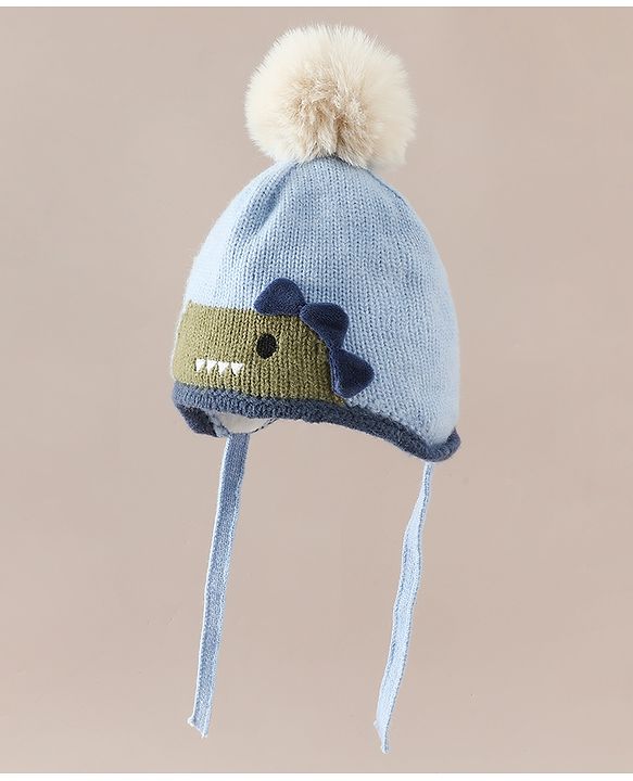 Babyhug Woollen Cap with Pom Pom & Knot with Crocodile Design & Applique Light Blue - Diameter 21 cm