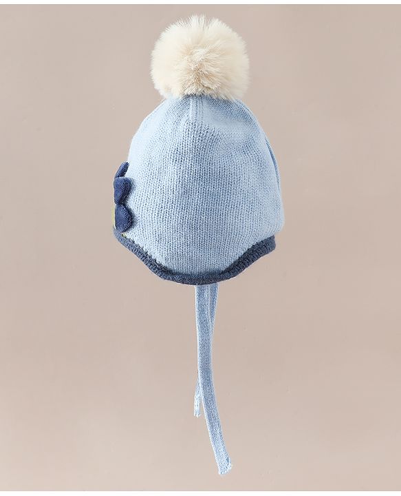 Babyhug Woollen Cap with Pom Pom & Knot with Crocodile Design & Applique Light Blue - Diameter 21 cm