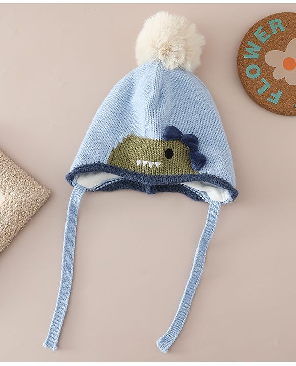 Babyhug Woollen Cap with Pom Pom & Knot with Crocodile Design & Applique Light Blue - Diameter 21 cm