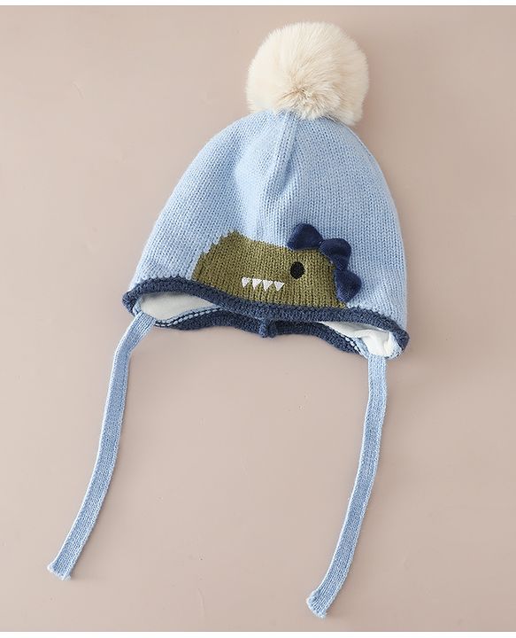 Babyhug Woollen Cap with Pom Pom & Knot with Crocodile Design & Applique Light Blue - Diameter 21 cm