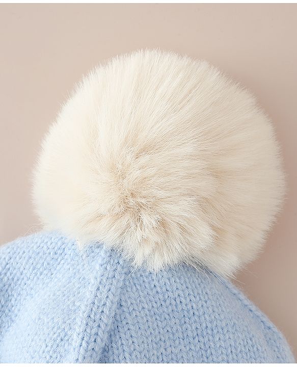 Babyhug Woollen Cap with Pom Pom & Knot with Crocodile Design & Applique Light Blue - Diameter 21 cm