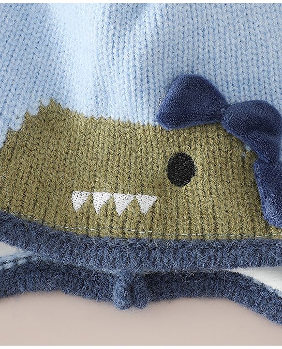 Babyhug Woollen Cap with Pom Pom & Knot with Crocodile Design & Applique Light Blue - Diameter 21 cm