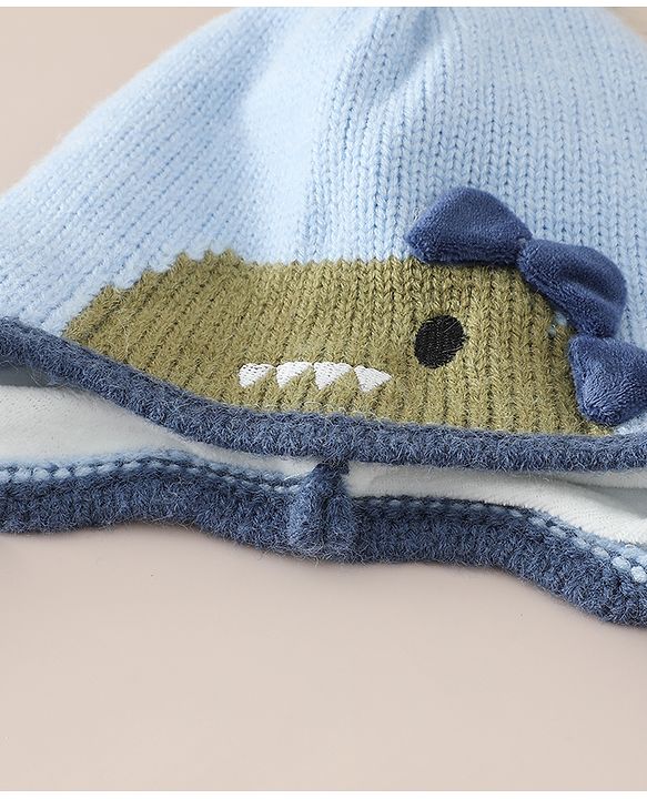 Babyhug Woollen Cap with Pom Pom & Knot with Crocodile Design & Applique Light Blue - Diameter 21 cm