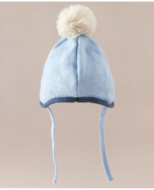 Babyhug Woollen Cap with Pom Pom & Knot with Crocodile Design & Applique Light Blue - Diameter 21 cm