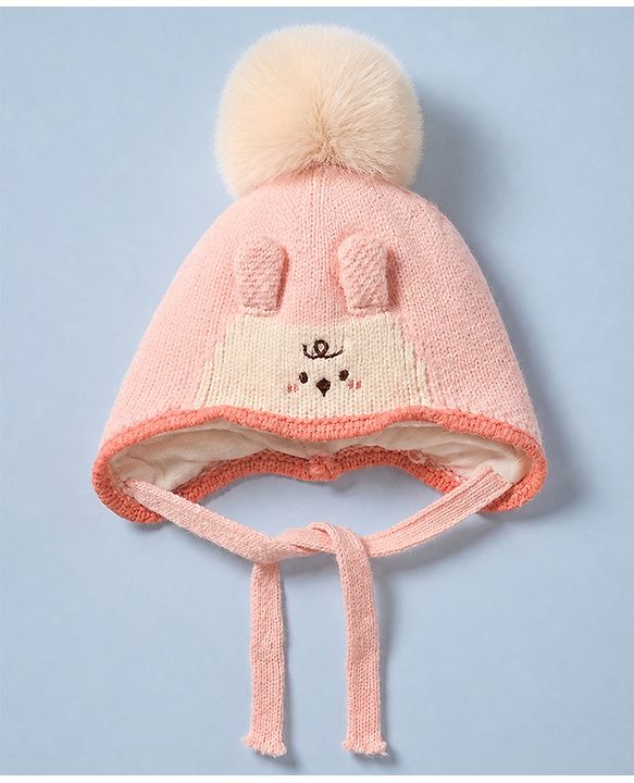 Babyhug Woollen Cap with Pom Pom & Knot with Crocodile Design & Applique Light Blue - Diameter 21 cm