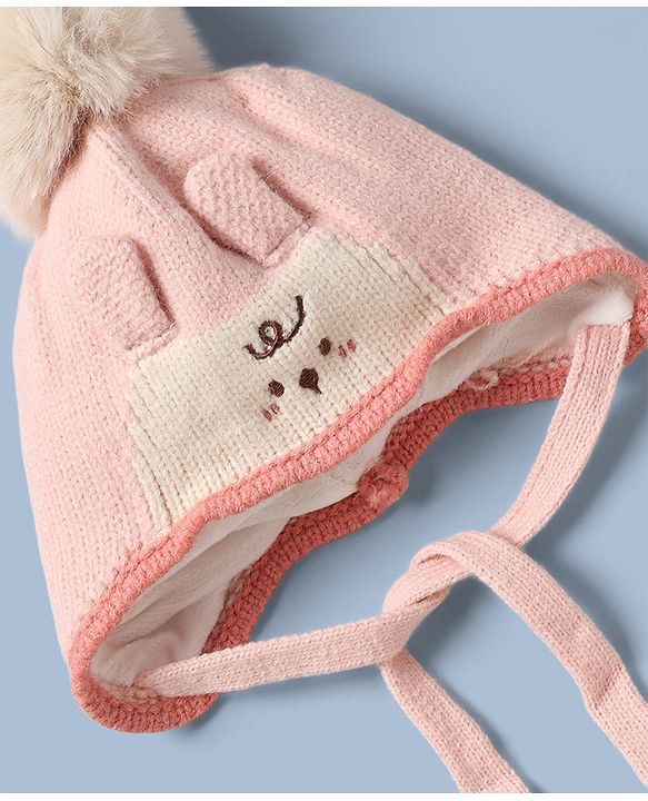 Babyhug Woollen Cap with Pom Pom & Knot with Crocodile Design & Applique Light Blue - Diameter 21 cm