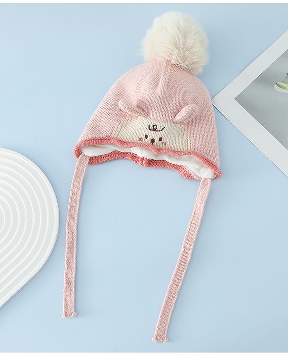 Babyhug Woollen Cap with Pom Pom & Knot with Crocodile Design & Applique Light Blue - Diameter 21 cm