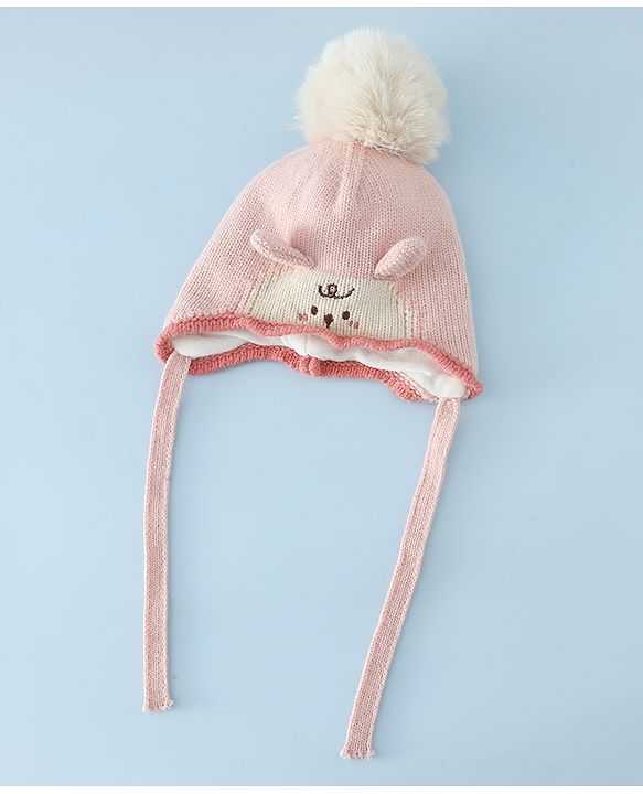 Babyhug Woollen Cap with Pom Pom & Knot with Crocodile Design & Applique Light Blue - Diameter 21 cm