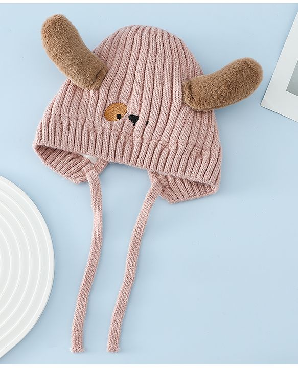 Babyhug Woollen Cap with Knot and Ear Design Pink - Diameter 19 cm