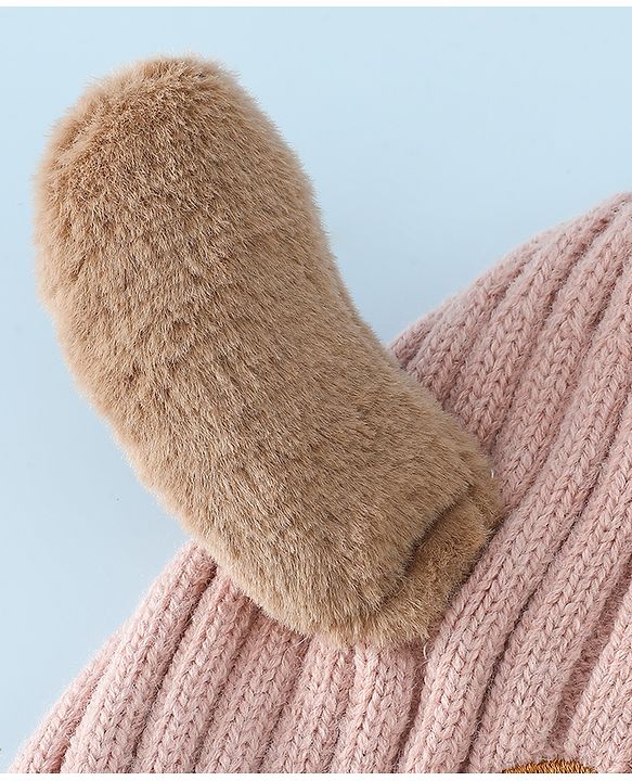 Babyhug Woollen Cap with Knot and Ear Design Pink - Diameter 19 cm