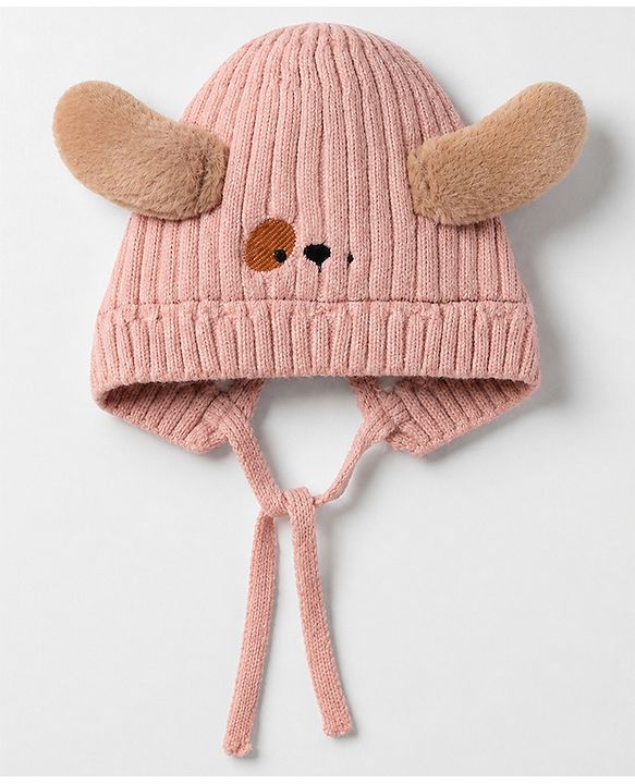 Babyhug Woollen Cap with Knot and Ear Design Pink - Diameter 19 cm
