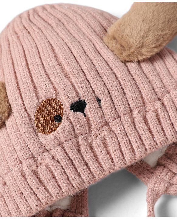 Babyhug Woollen Cap with Knot and Ear Design Pink - Diameter 19 cm