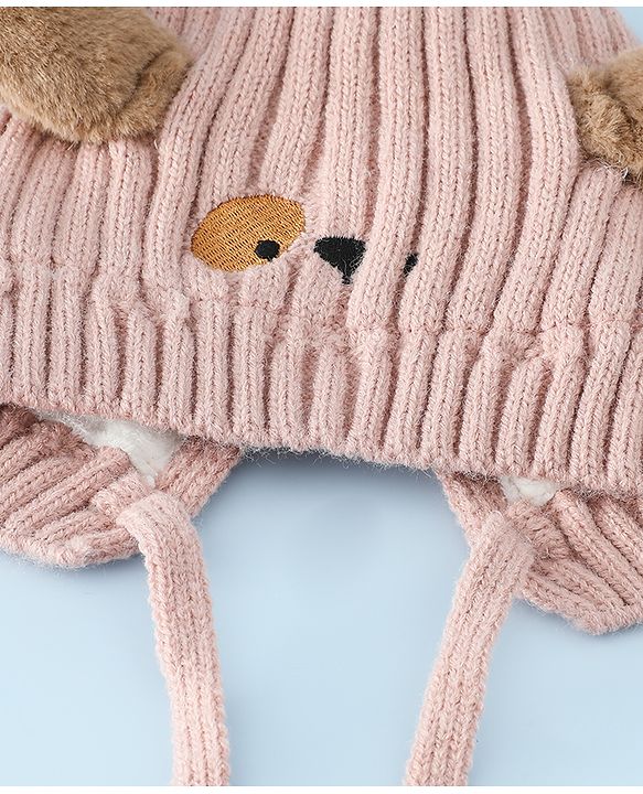 Babyhug Woollen Cap with Knot and Ear Design Pink - Diameter 19 cm
