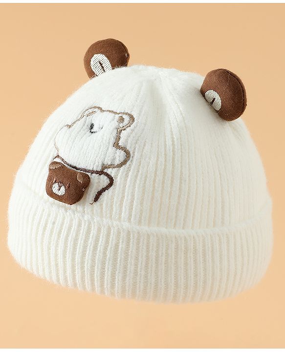 Babyhug Woollen Pom Pom Cap With Bear Design Off White - Diameter 9 cm
