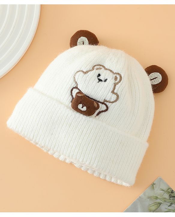 Babyhug Woollen Pom Pom Cap With Bear Design Off White - Diameter 9 cm