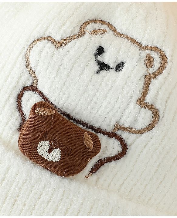 Babyhug Woollen Pom Pom Cap With Bear Design Off White - Diameter 9 cm