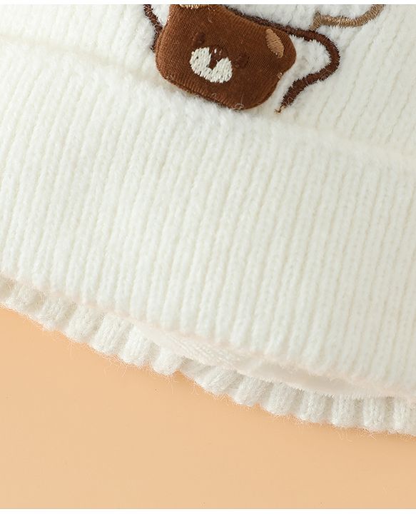 Babyhug Woollen Pom Pom Cap With Bear Design Off White - Diameter 9 cm