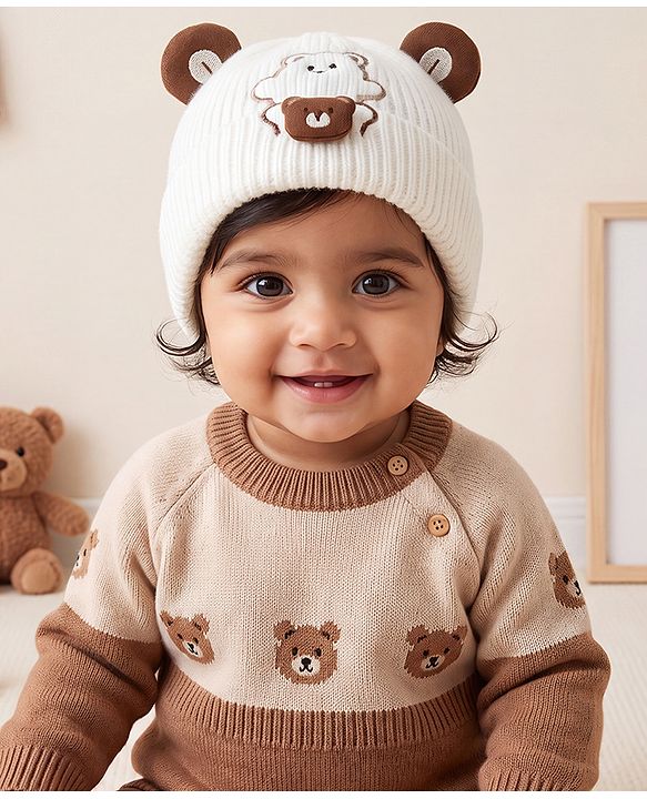 Babyhug Woollen Pom Pom Cap With Bear Design Off White - Diameter 9 cm
