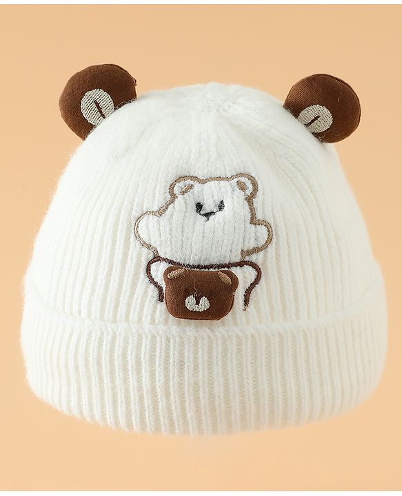 Babyhug Woollen Pom Pom Cap With Bear Design Off White - Diameter 9 cm