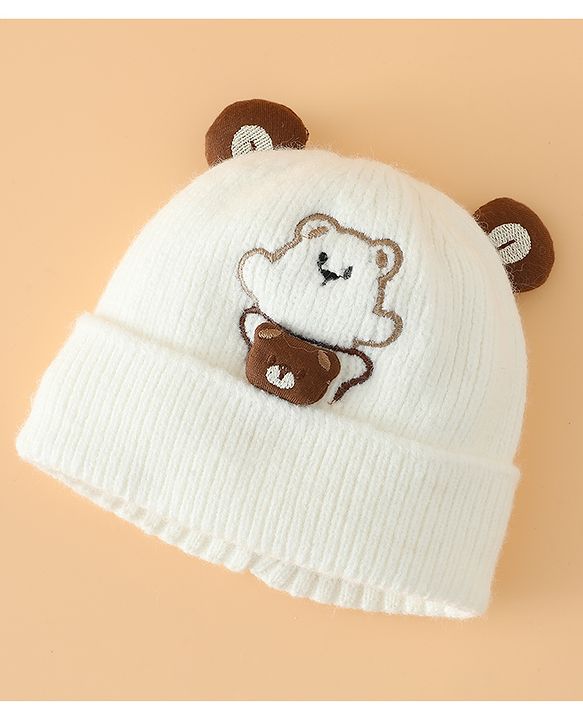Babyhug Woollen Pom Pom Cap With Bear Design Off White - Diameter 9 cm