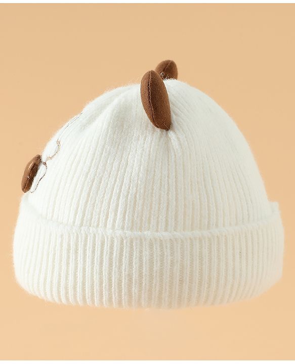 Babyhug Woollen Pom Pom Cap With Bear Design Off White - Diameter 9 cm