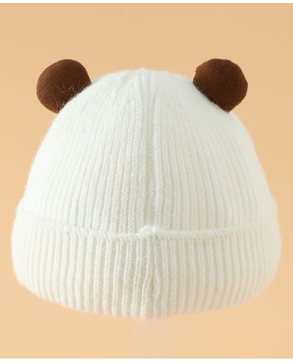 Babyhug Woollen Pom Pom Cap With Bear Design Off White - Diameter 9 cm