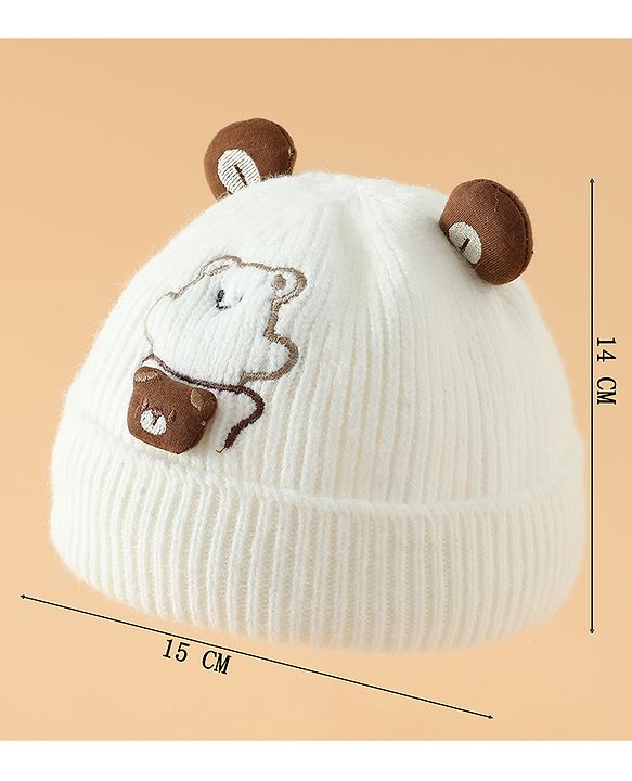 Babyhug Woollen Pom Pom Cap With Bear Design Off White - Diameter 9 cm