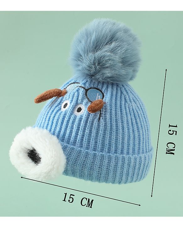 Babyhug Woollen Cap with Pom Pom & Animal Applique in Sky Blue - Diameter 16 cm