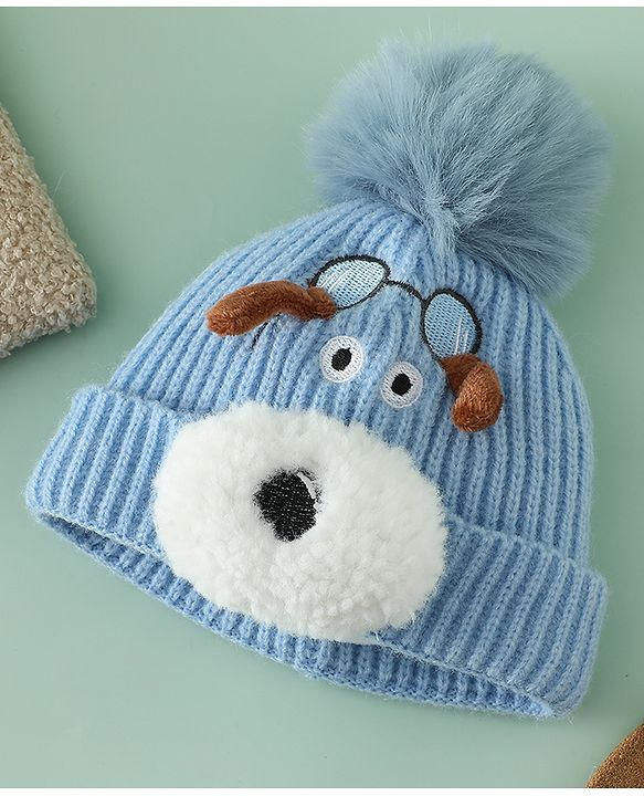 Babyhug Woollen Cap with Pom Pom & Animal Applique in Sky Blue - Diameter 16 cm