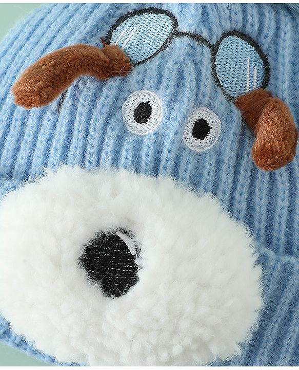 Babyhug Woollen Cap with Pom Pom & Animal Applique in Sky Blue - Diameter 16 cm