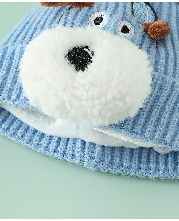 Babyhug Woollen Cap with Pom Pom & Animal Applique in Sky Blue - Diameter 16 cm