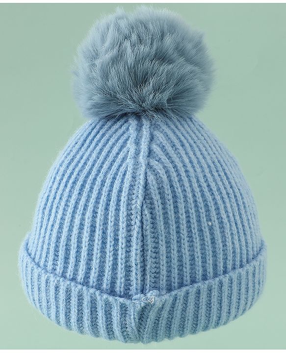 Babyhug Woollen Cap with Pom Pom & Animal Applique in Sky Blue - Diameter 16 cm