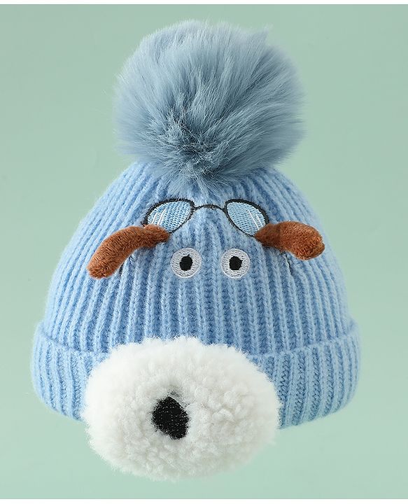Babyhug Woollen Cap with Pom Pom & Animal Applique in Sky Blue - Diameter 16 cm
