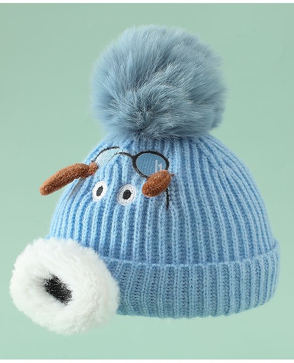 Babyhug Woollen Cap with Pom Pom & Animal Applique in Sky Blue - Diameter 16 cm