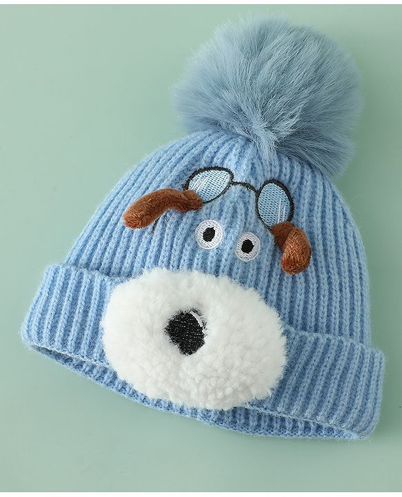 Babyhug Woollen Cap with Pom Pom & Animal Applique in Sky Blue - Diameter 16 cm