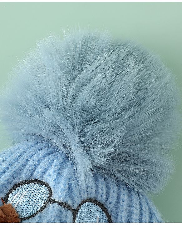 Babyhug Woollen Cap with Pom Pom & Animal Applique in Sky Blue - Diameter 16 cm