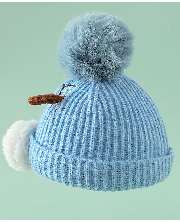 Babyhug Woollen Cap with Pom Pom & Animal Applique in Sky Blue - Diameter 16 cm