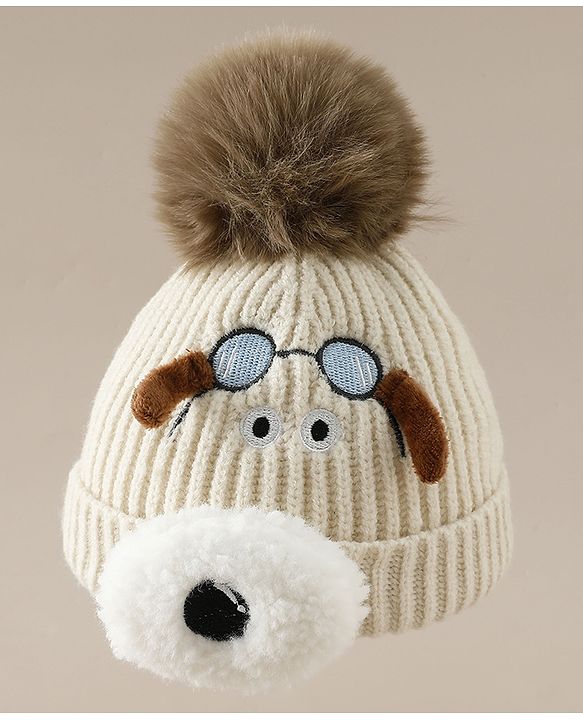 Babyhug Woollen Cap with Pom Pom & Animal Applique in Sky Blue - Diameter 16 cm