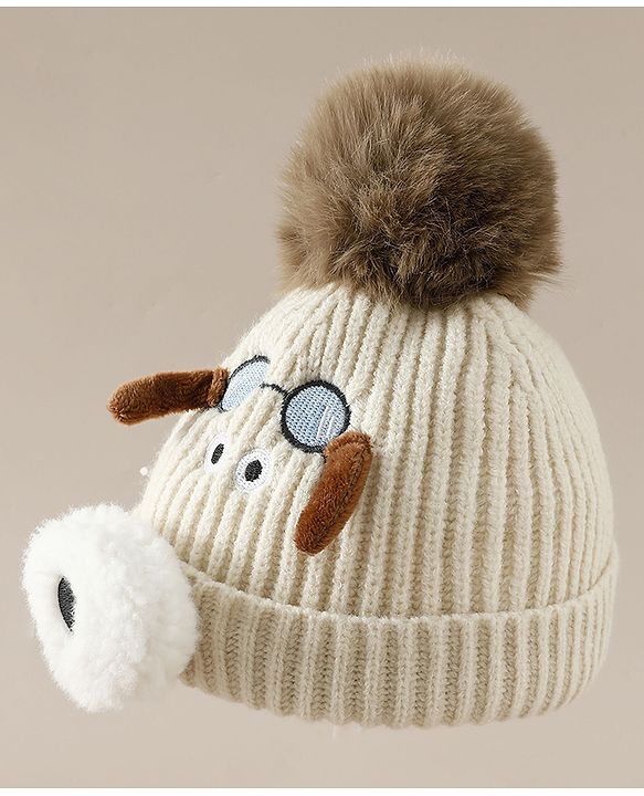 Babyhug Woollen Cap with Pom Pom & Animal Applique in Sky Blue - Diameter 16 cm