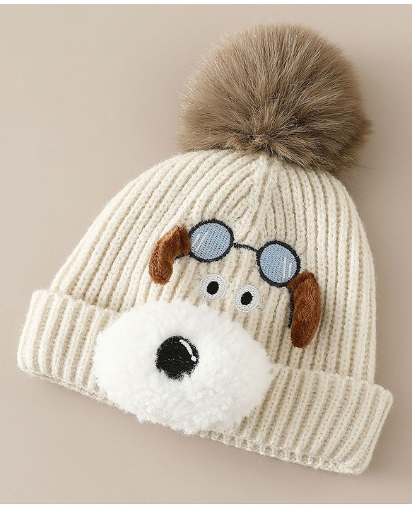 Babyhug Woollen Cap with Pom Pom & Animal Applique in Sky Blue - Diameter 16 cm