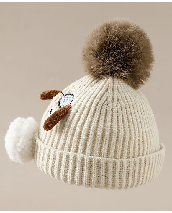 Babyhug Woollen Cap with Pom Pom & Animal Applique in Sky Blue - Diameter 16 cm